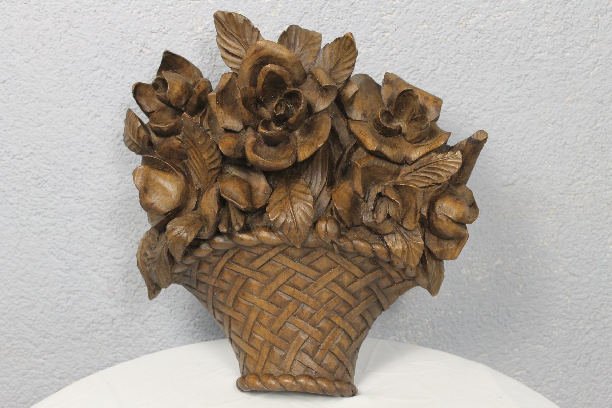 Carved Wood Decorated With A Bouquet Of Roses In A Basket, Mid-19th Century-photo-2