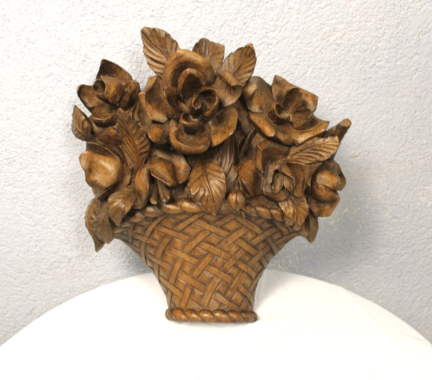 Carved Wood Decorated With A Bouquet Of Roses In A Basket, Mid-19th Century