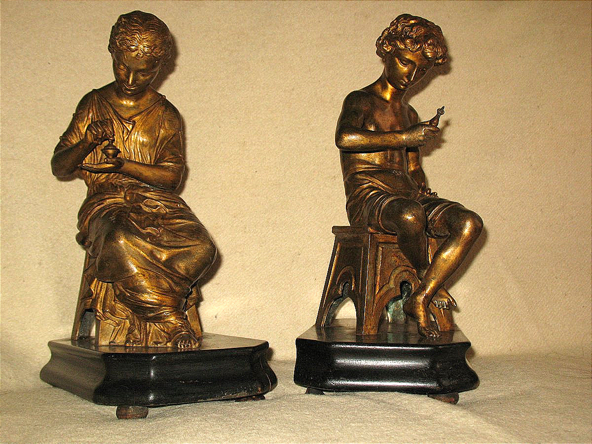 Couple à l'antique sculptures sur socle en poirier noirçi époque Napoléon III 19ème-photo-2