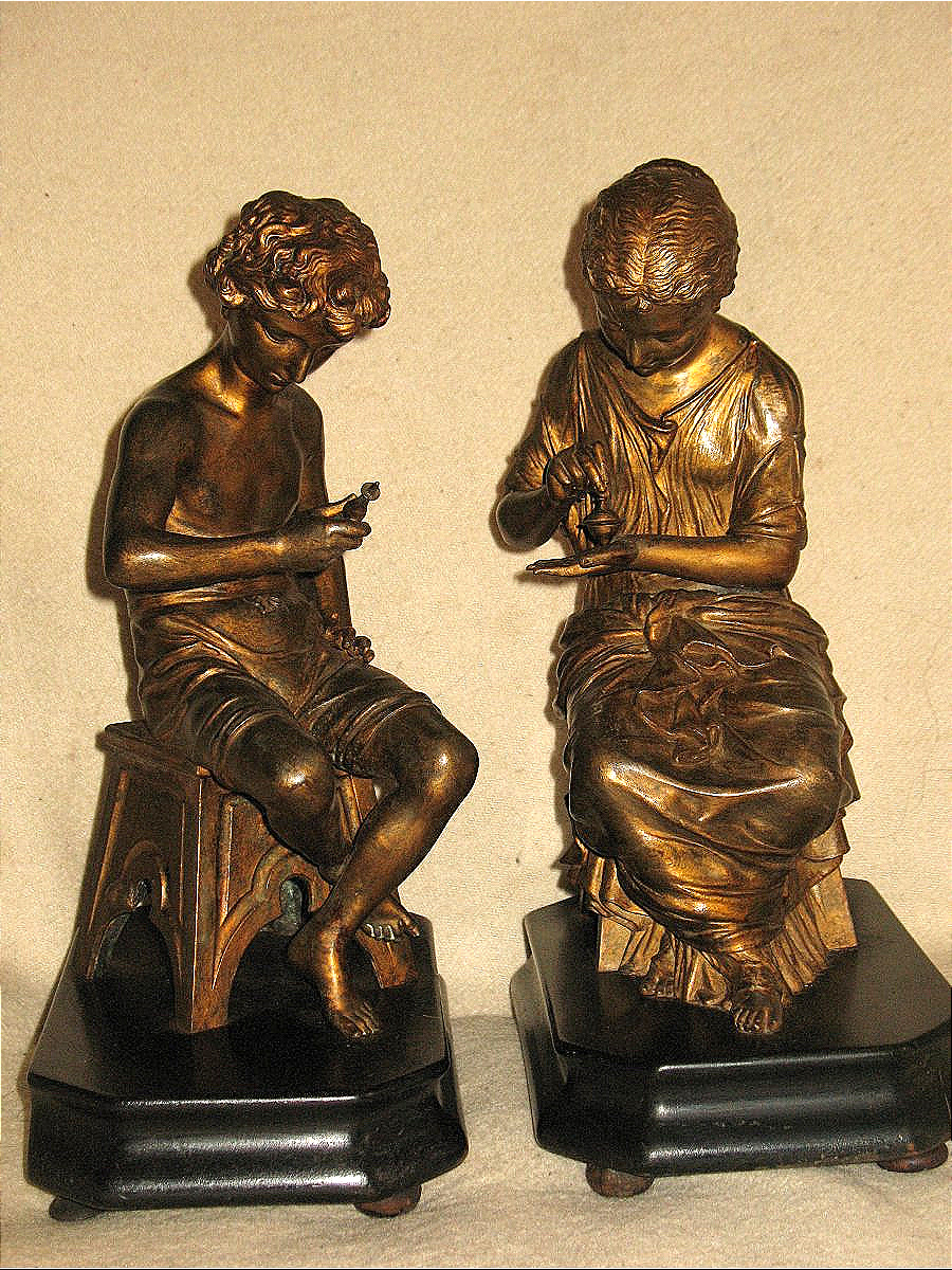 Couple à l'antique sculptures sur socle en poirier noirçi époque Napoléon III 19ème-photo-1