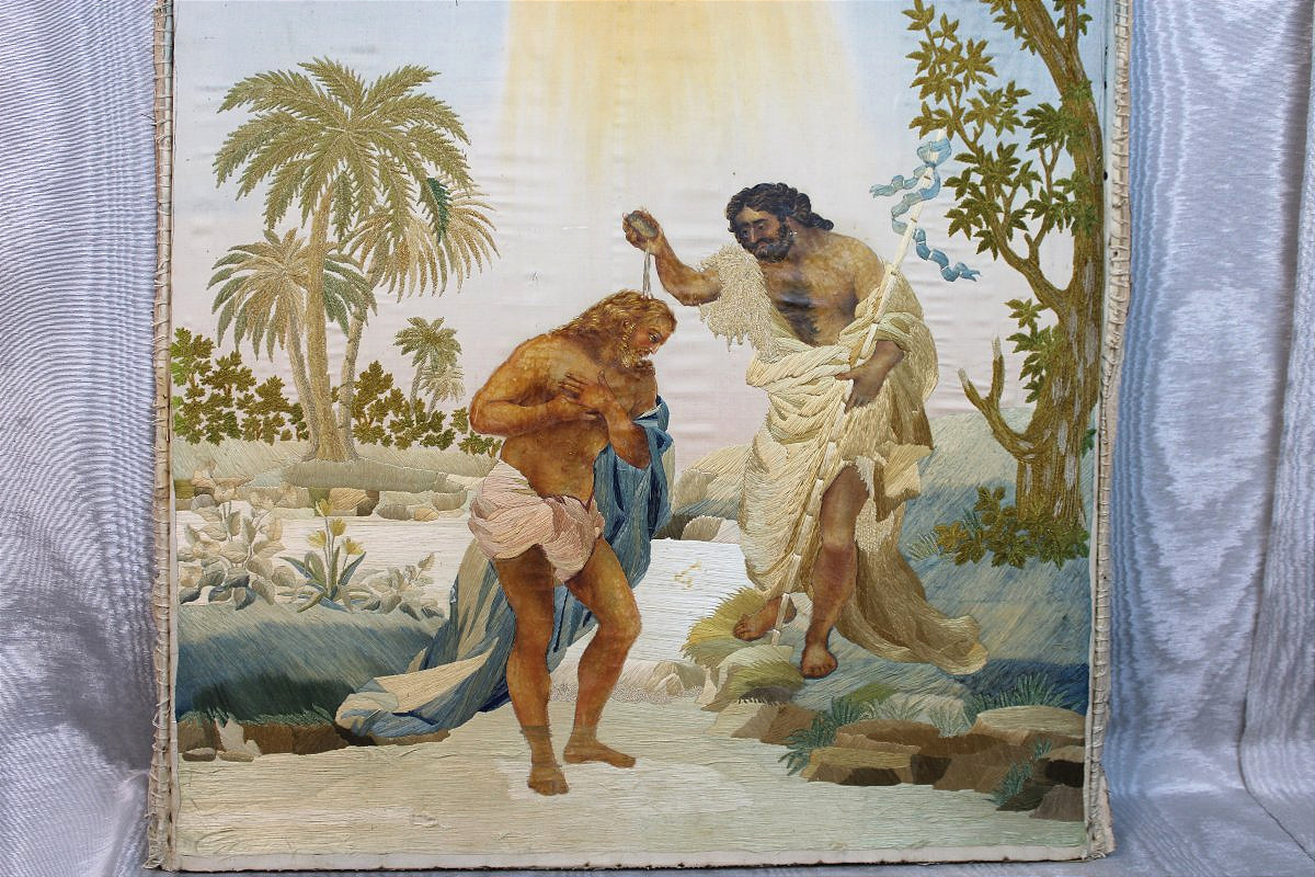 The Baptism Of Jesus Christ By John The Baptist: A Religious Panel Featuring Embroidery And Gouache On Silk-photo-2