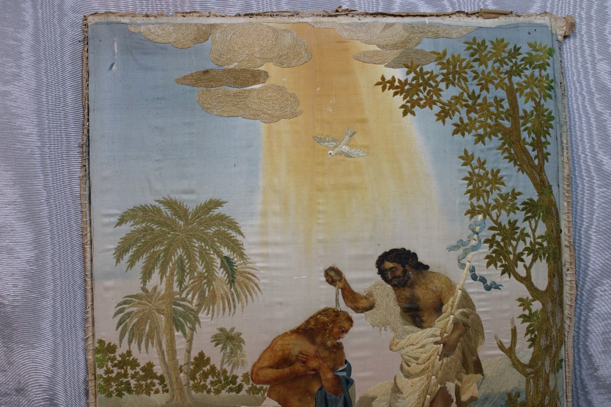 The Baptism Of Jesus Christ By John The Baptist: A Religious Panel Featuring Embroidery And Gouache On Silk-photo-3