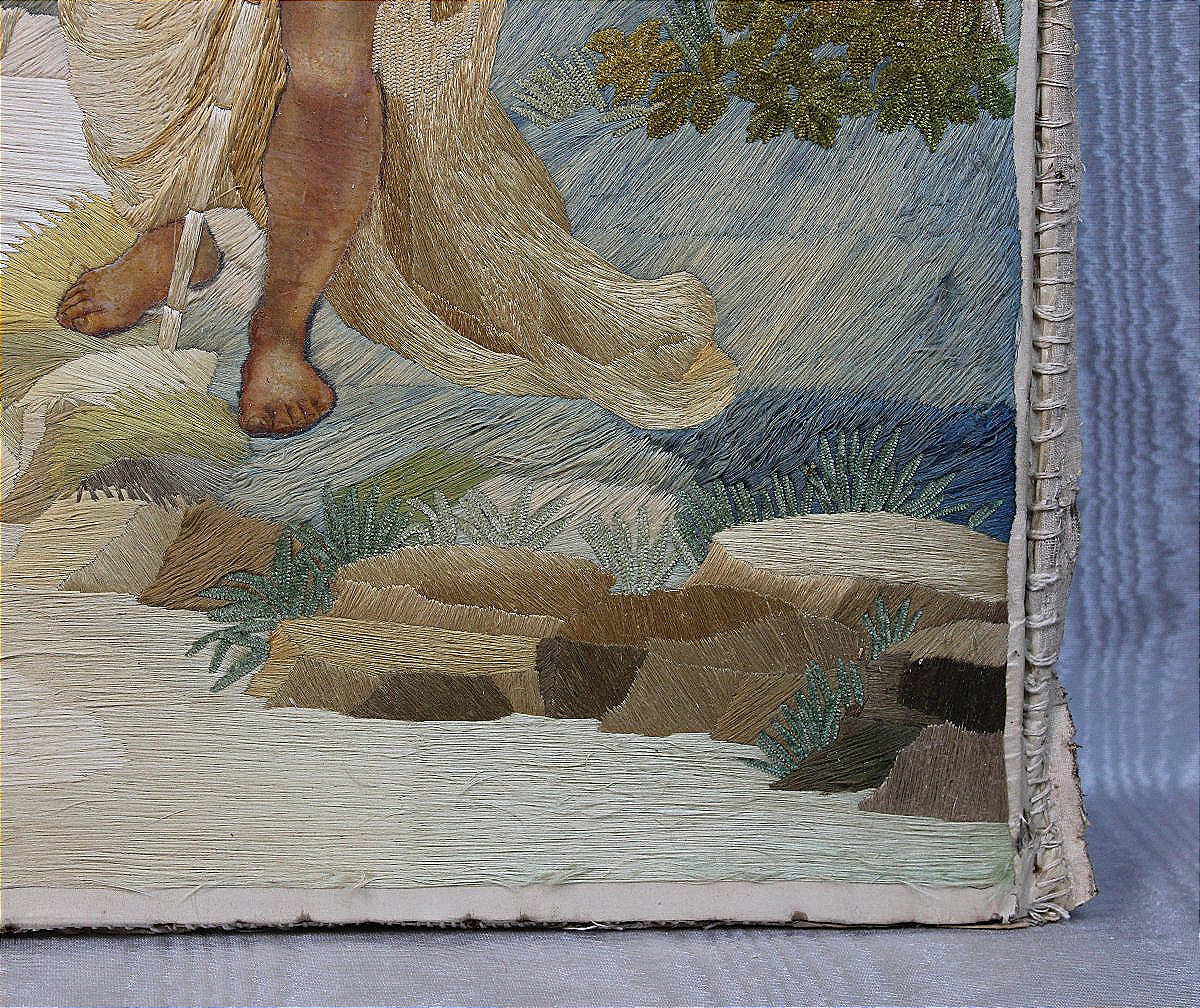 The Baptism Of Jesus Christ By John The Baptist: A Religious Panel Featuring Embroidery And Gouache On Silk-photo-3