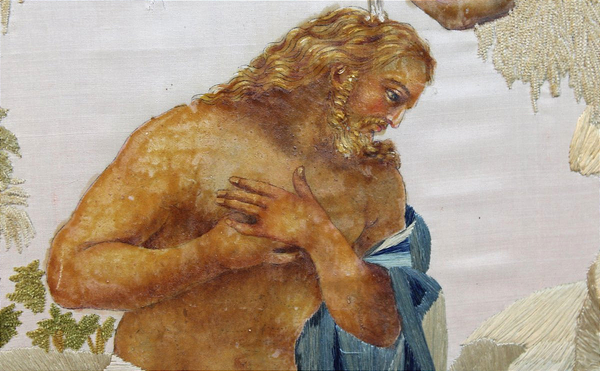 The Baptism Of Jesus Christ By John The Baptist: A Religious Panel Featuring Embroidery And Gouache On Silk-photo-4