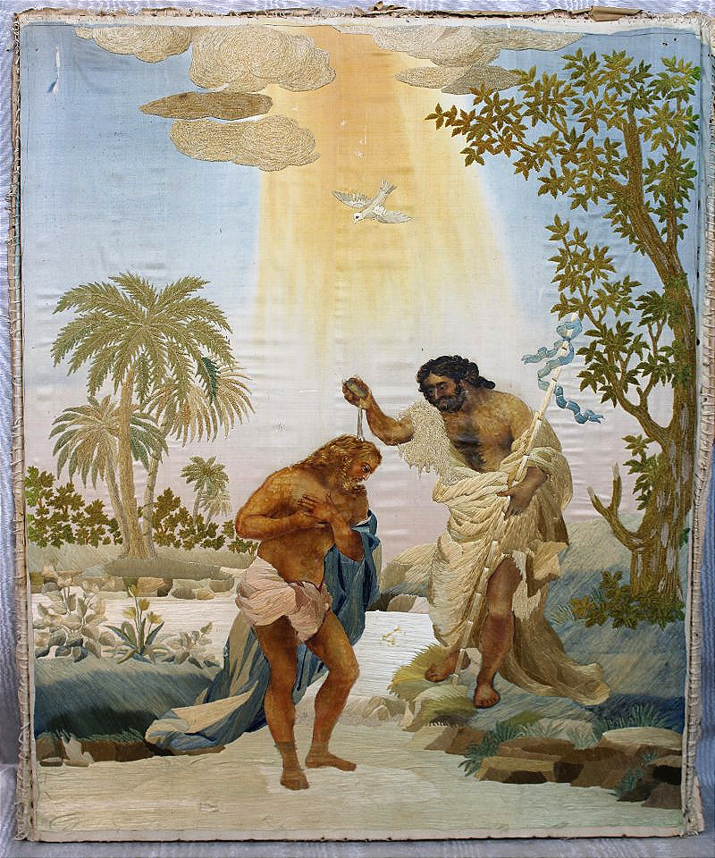 The Baptism Of Jesus Christ By John The Baptist: A Religious Panel Featuring Embroidery And Gouache On Silk