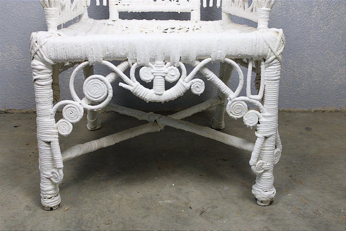 Fauteuil en rotin laqué blanc ép.  1900 style Art Nouveau pour jardin d'hiver, terrasse...-photo-2