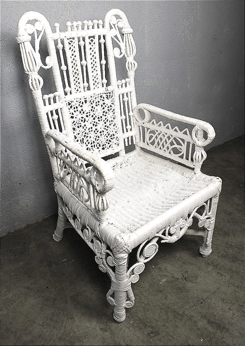 Fauteuil en rotin laqué blanc ép.  1900 style Art Nouveau pour jardin d'hiver, terrasse...-photo-5