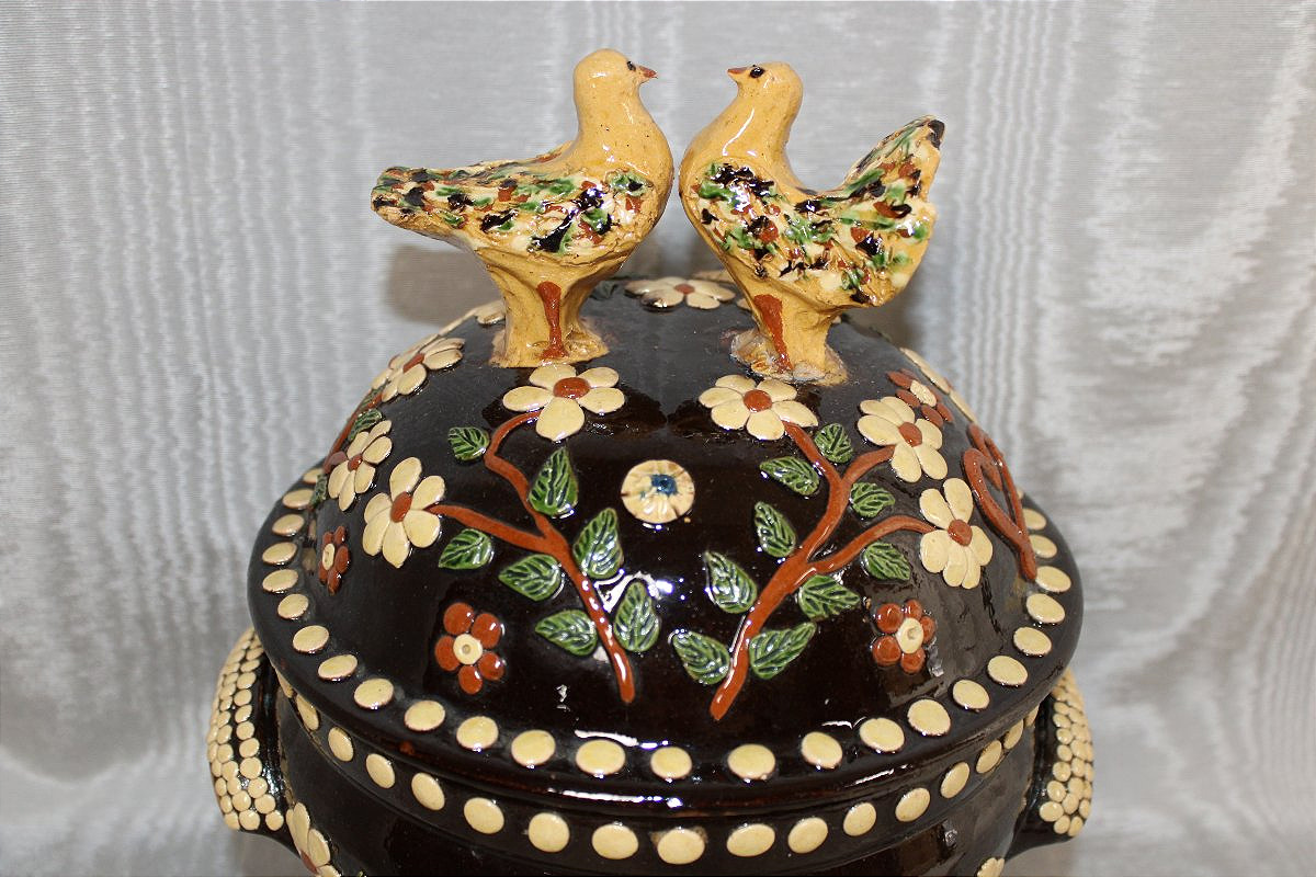 Soupière de mariage en grès de Soufflenheim à décor d'oiseaux Alsace-photo-3
