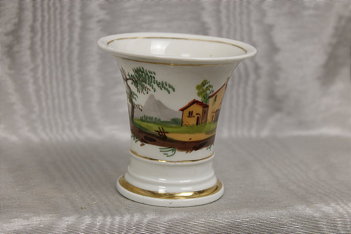 Early 19th-century Empire-style Paris Porcelain Jasmine Or Cone-shaped Vase With Landscape Decoration-photo-3