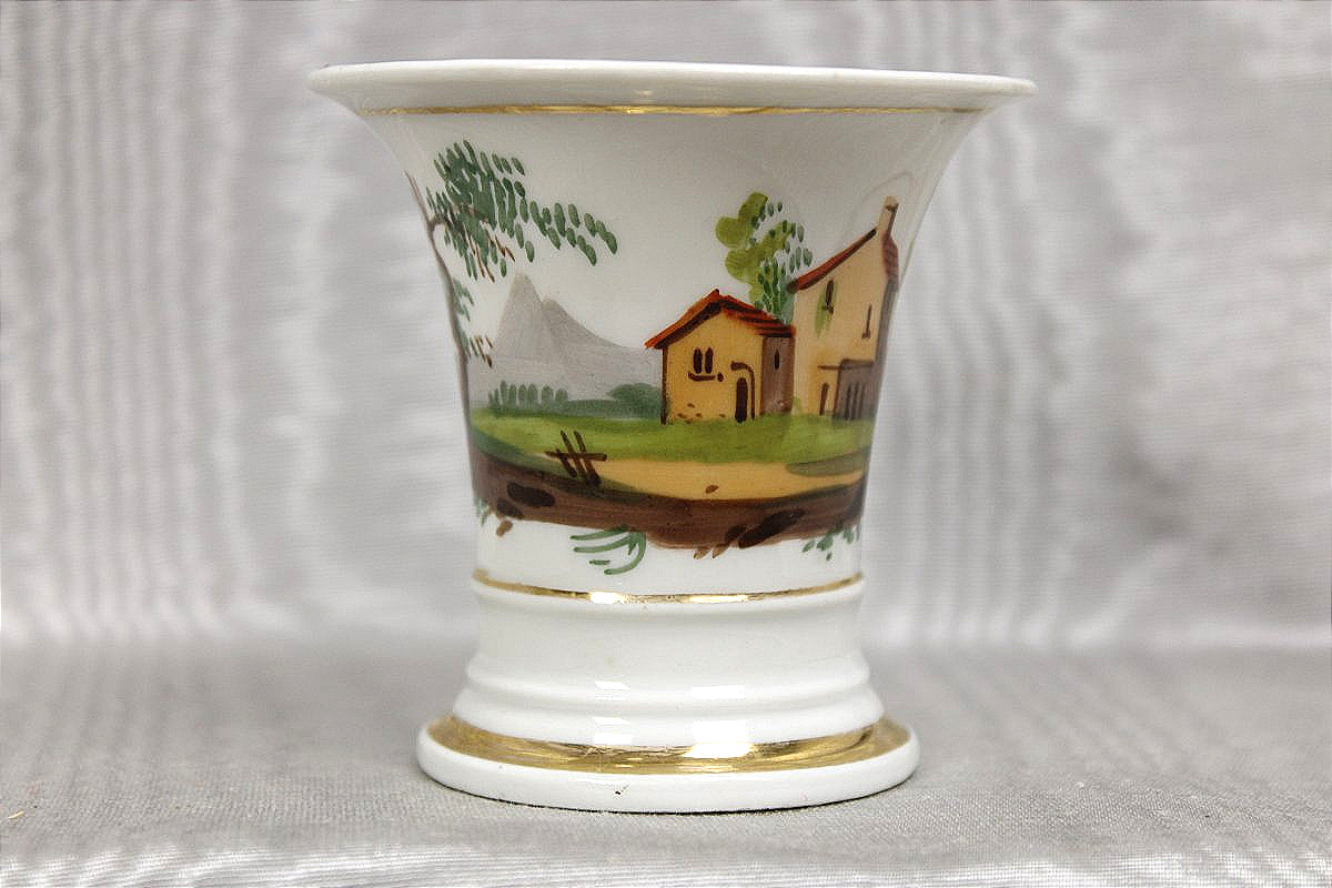 Early 19th-century Empire-style Paris Porcelain Jasmine Or Cone-shaped Vase With Landscape Decoration