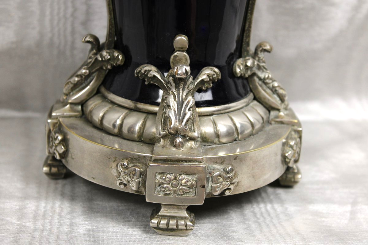 Blue Earthenware Lamp Base With Silver-plated Bronze Arm In The Napoleon III Style-photo-3