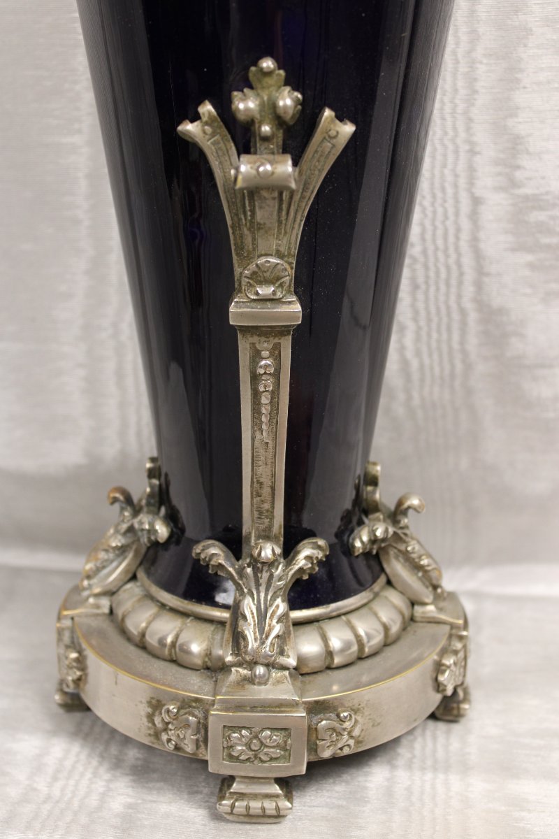 Blue Earthenware Lamp Base With Silver-plated Bronze Arm In The Napoleon III Style-photo-3