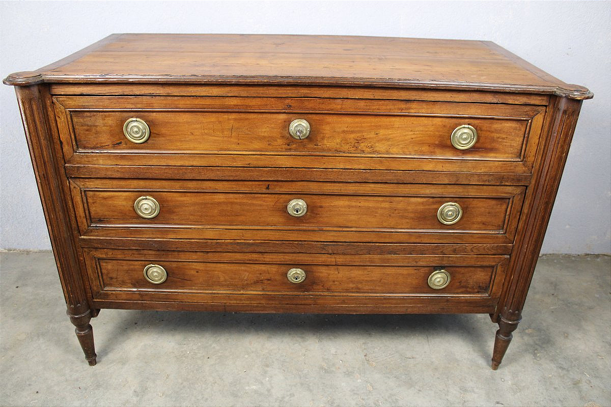 18th-century Louis XVI-style Chest Of Drawers Made Of Solid Fruitwood, With 3 Drawers