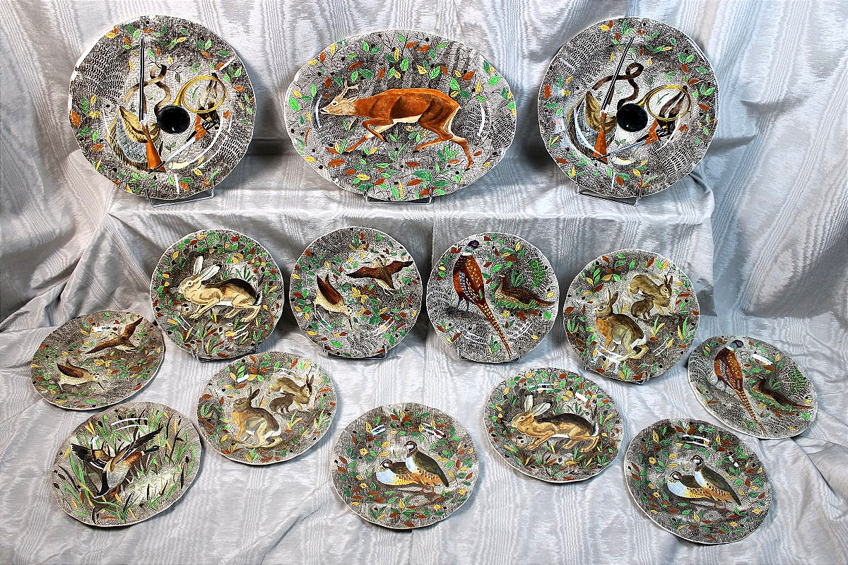 Gien Earthenware Tableware Set With The "rambouillet" Design, Signed By Jean Bertholle (married), Mid-20th Century
