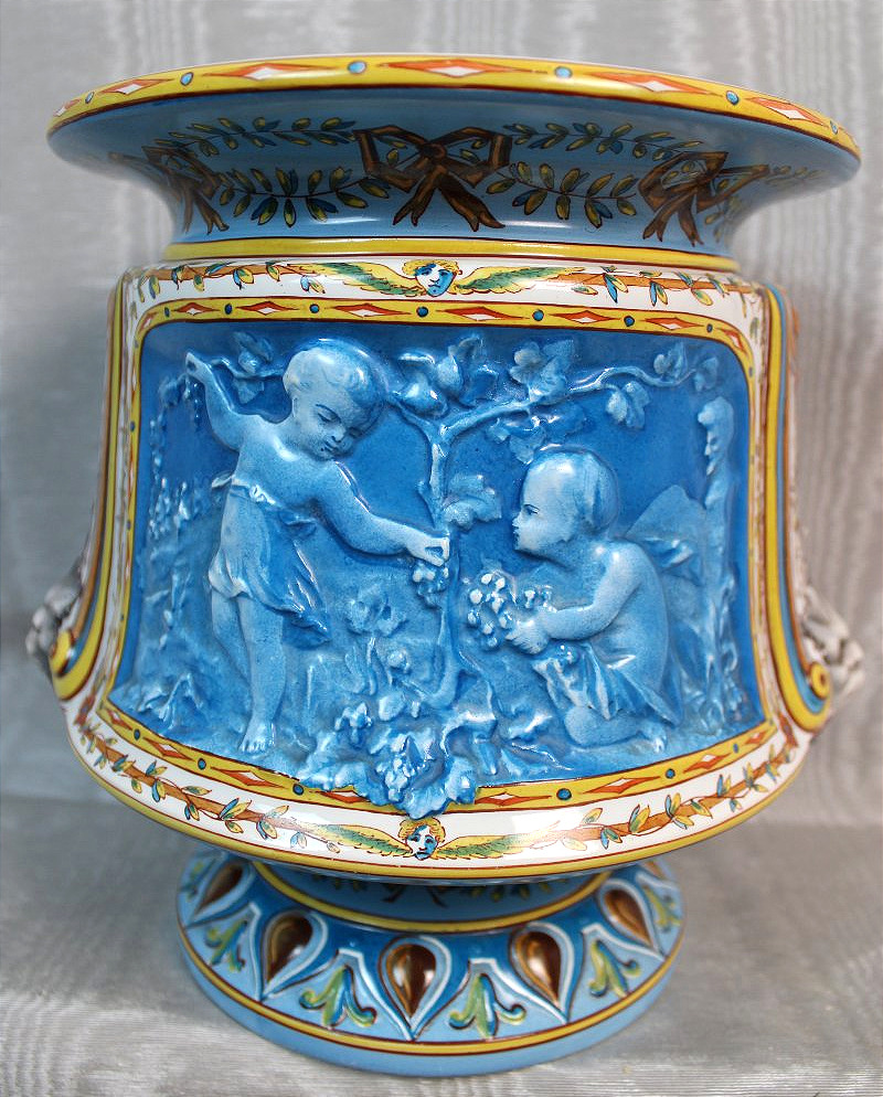 Montereau Earthenware Vase-shaped Planter, Made By Lebeuf-milliet, Decorated With Cherubs, 19th Century-photo-2