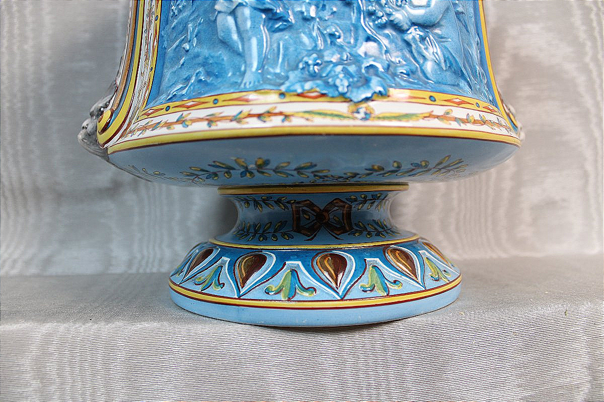Montereau Earthenware Vase-shaped Planter, Made By Lebeuf-milliet, Decorated With Cherubs, 19th Century-photo-3