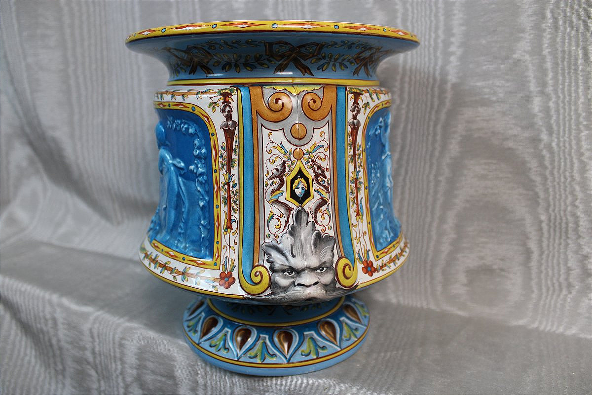 Montereau Earthenware Vase-shaped Planter, Made By Lebeuf-milliet, Decorated With Cherubs, 19th Century-photo-1