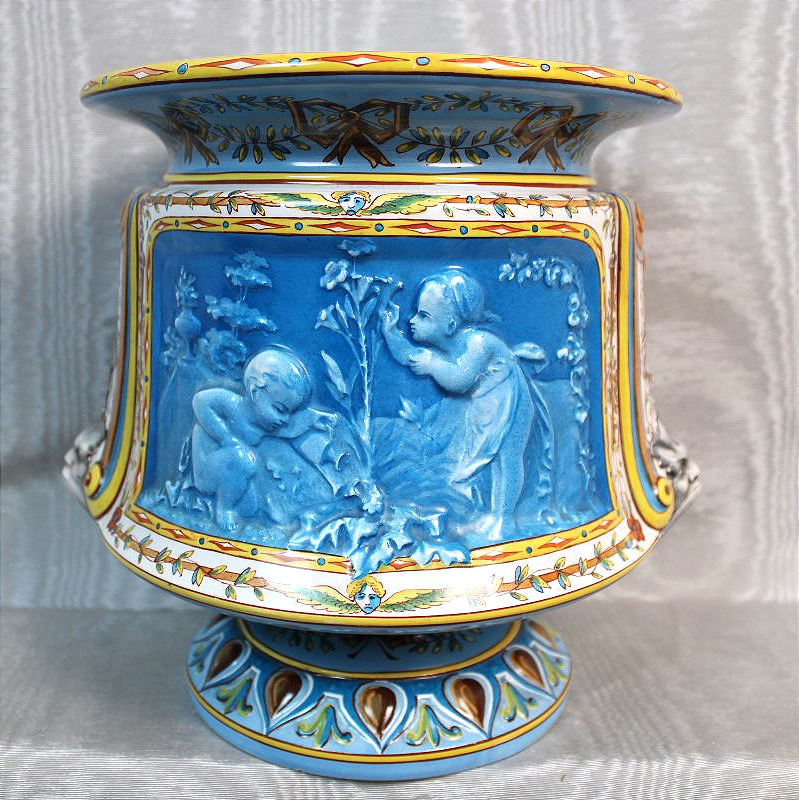 Montereau Earthenware Vase-shaped Planter, Made By Lebeuf-milliet, Decorated With Cherubs, 19th Century-photo-2