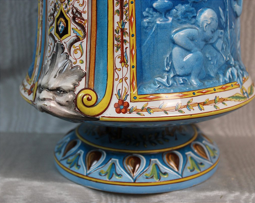 Montereau Earthenware Vase-shaped Planter, Made By Lebeuf-milliet, Decorated With Cherubs, 19th Century-photo-3
