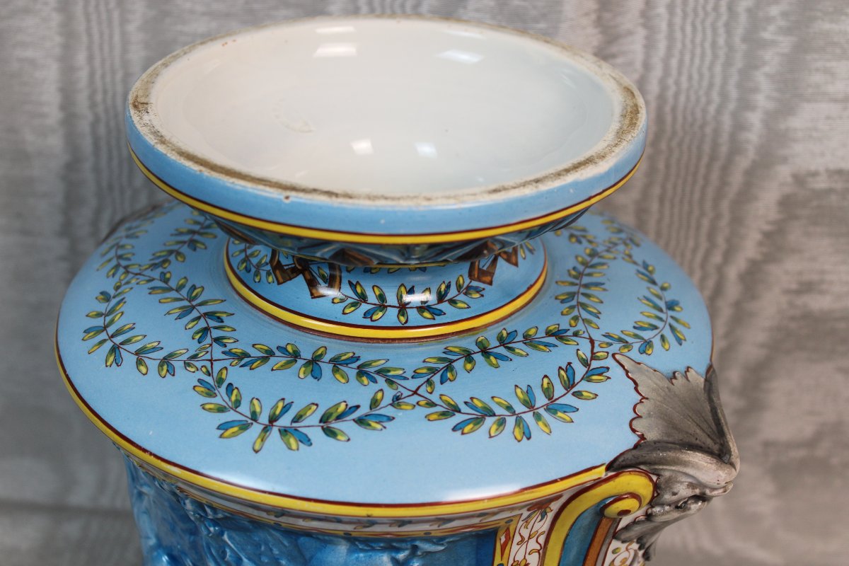 Montereau Earthenware Vase-shaped Planter, Made By Lebeuf-milliet, Decorated With Cherubs, 19th Century-photo-5