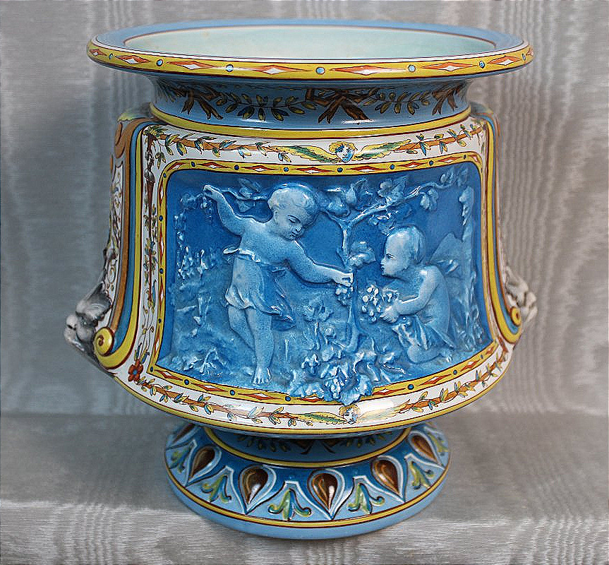 Montereau Earthenware Vase-shaped Planter, Made By Lebeuf-milliet, Decorated With Cherubs, 19th Century-photo-7