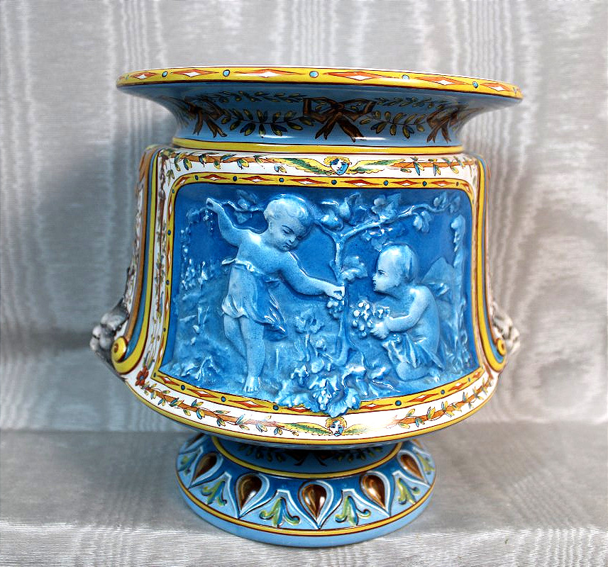 Montereau Earthenware Vase-shaped Planter, Made By Lebeuf-milliet, Decorated With Cherubs, 19th Century