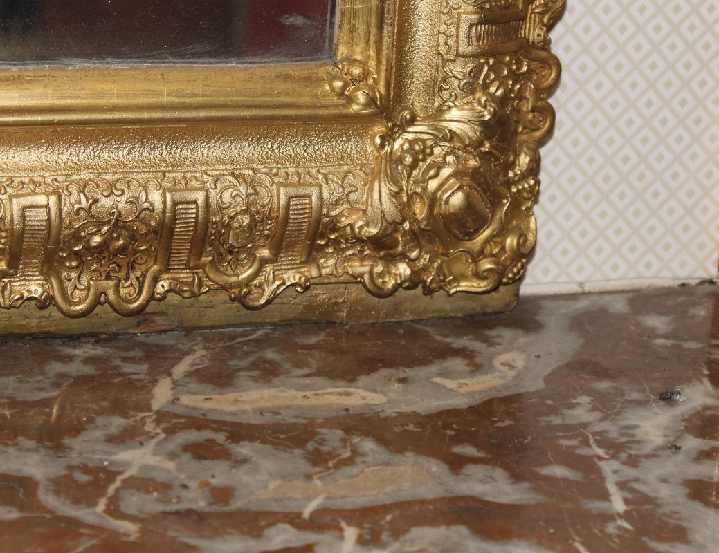 Louis XIV-style Mirror Made Of Wood And Gilded Stucco With Bérain-style Decoration, 19th Century-photo-2