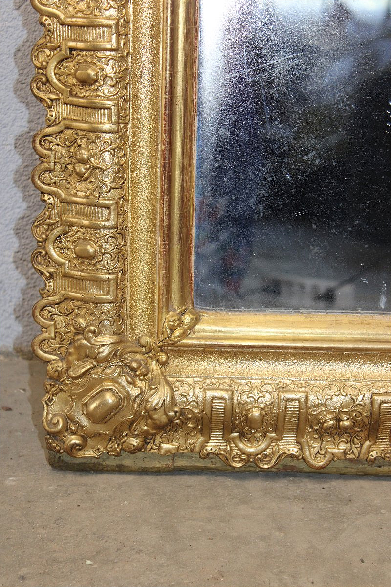 Louis XIV-style Mirror Made Of Wood And Gilded Stucco With Bérain-style Decoration, 19th Century-photo-3