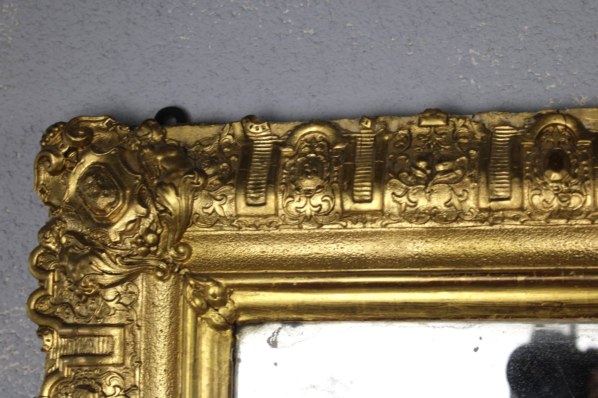 Louis XIV-style Mirror Made Of Wood And Gilded Stucco With Bérain-style Decoration, 19th Century-photo-2