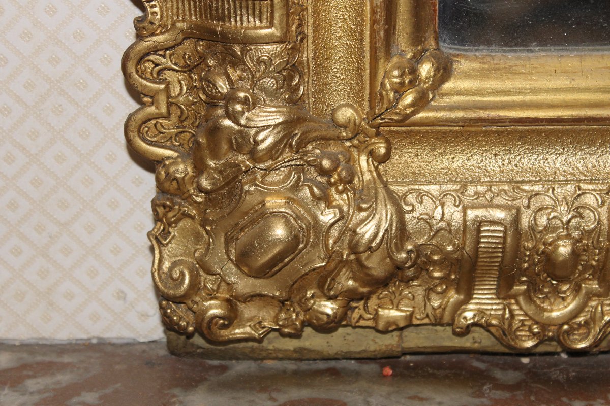Louis XIV-style Mirror Made Of Wood And Gilded Stucco With Bérain-style Decoration, 19th Century-photo-3
