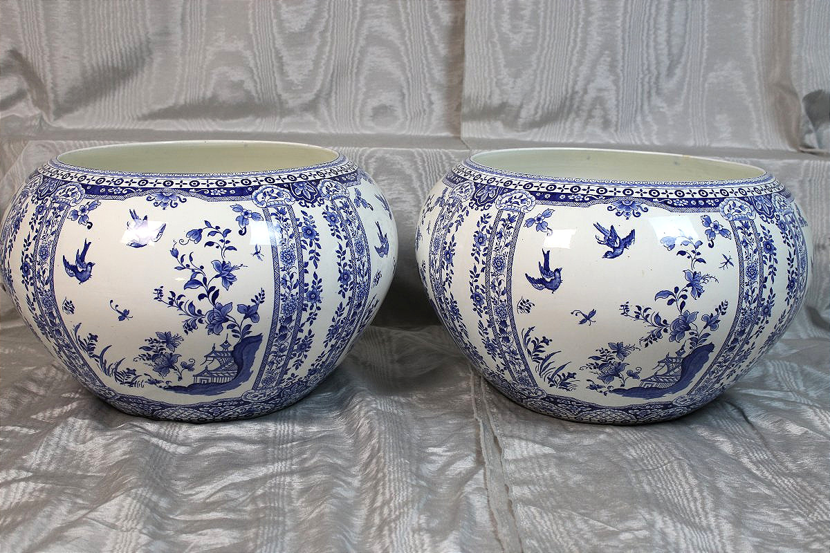 Paire de cache pots en faïence de Gien à décor de Delft très grandes pièces époque 19ème-photo-2