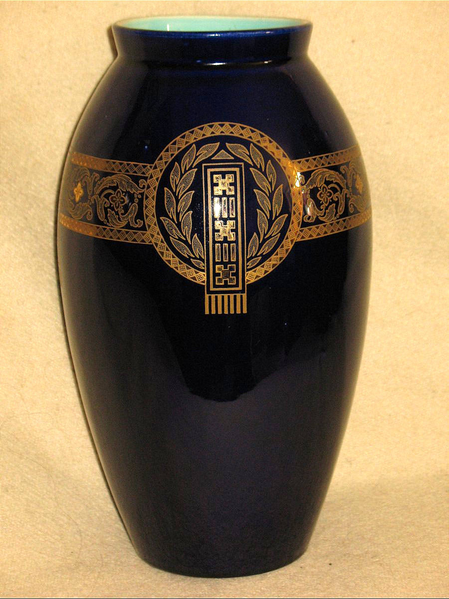 Sarreguemines Earthenware Vase With An Art Deco Geometric Design On A Royal Blue Background, Early 20th Century-photo-1