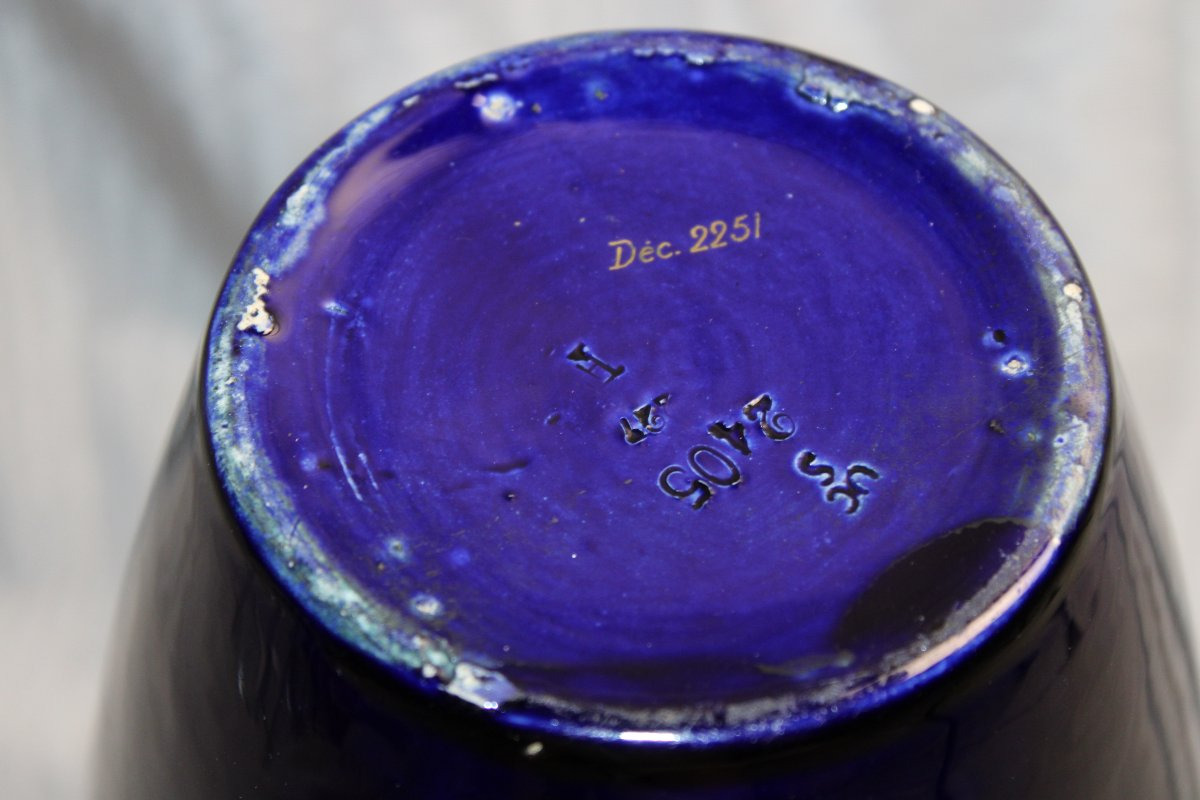 Sarreguemines Earthenware Vase With An Art Deco Geometric Design On A Royal Blue Background, Early 20th Century-photo-5