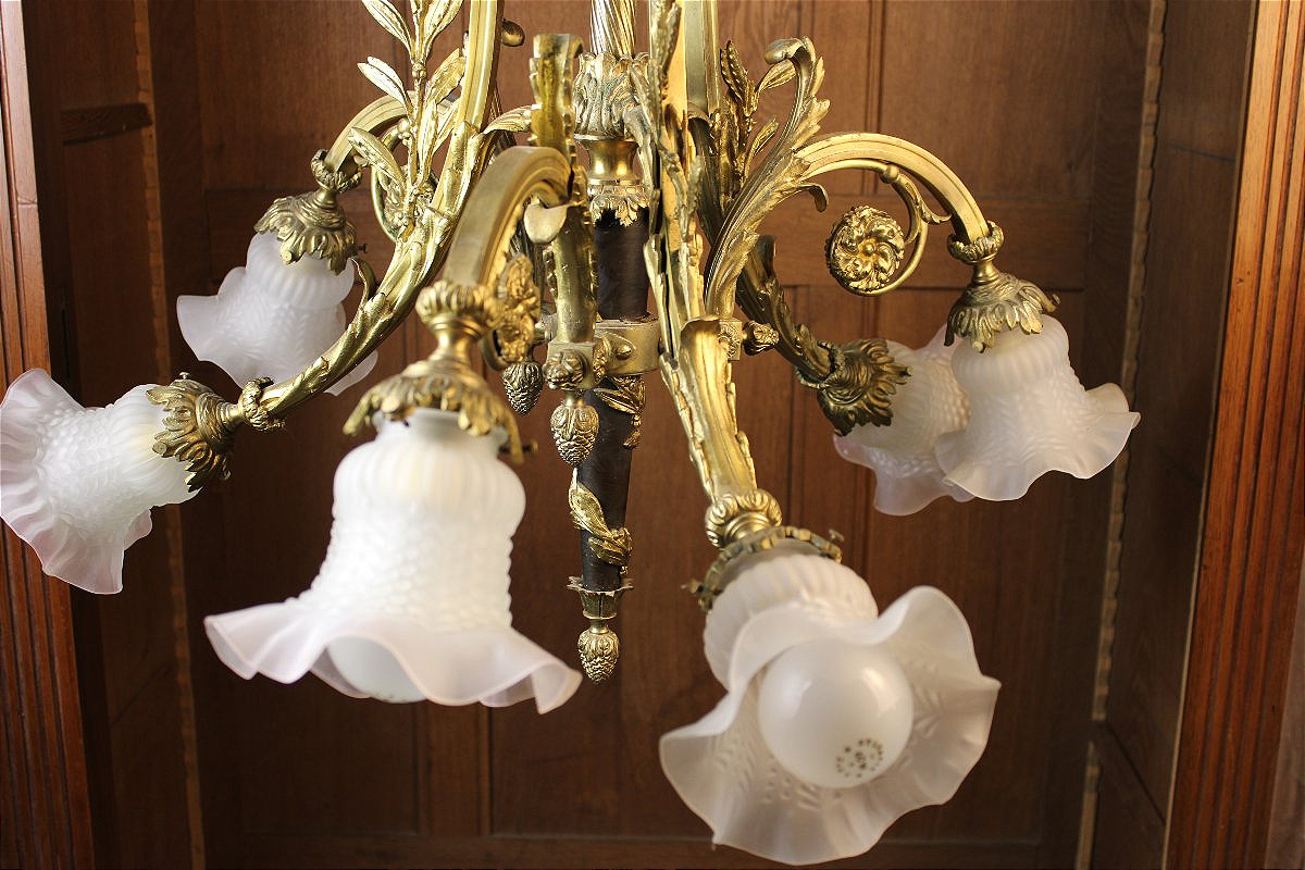 Lustre en bronze style Louis XVI à 6 bras de lumière époque 19ème-photo-8
