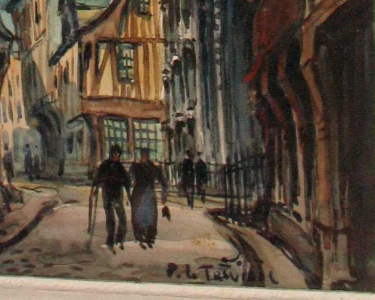 Pierre Le Trividic aquarelle rue de Rouen animée  Ecole de Rouen-photo-4