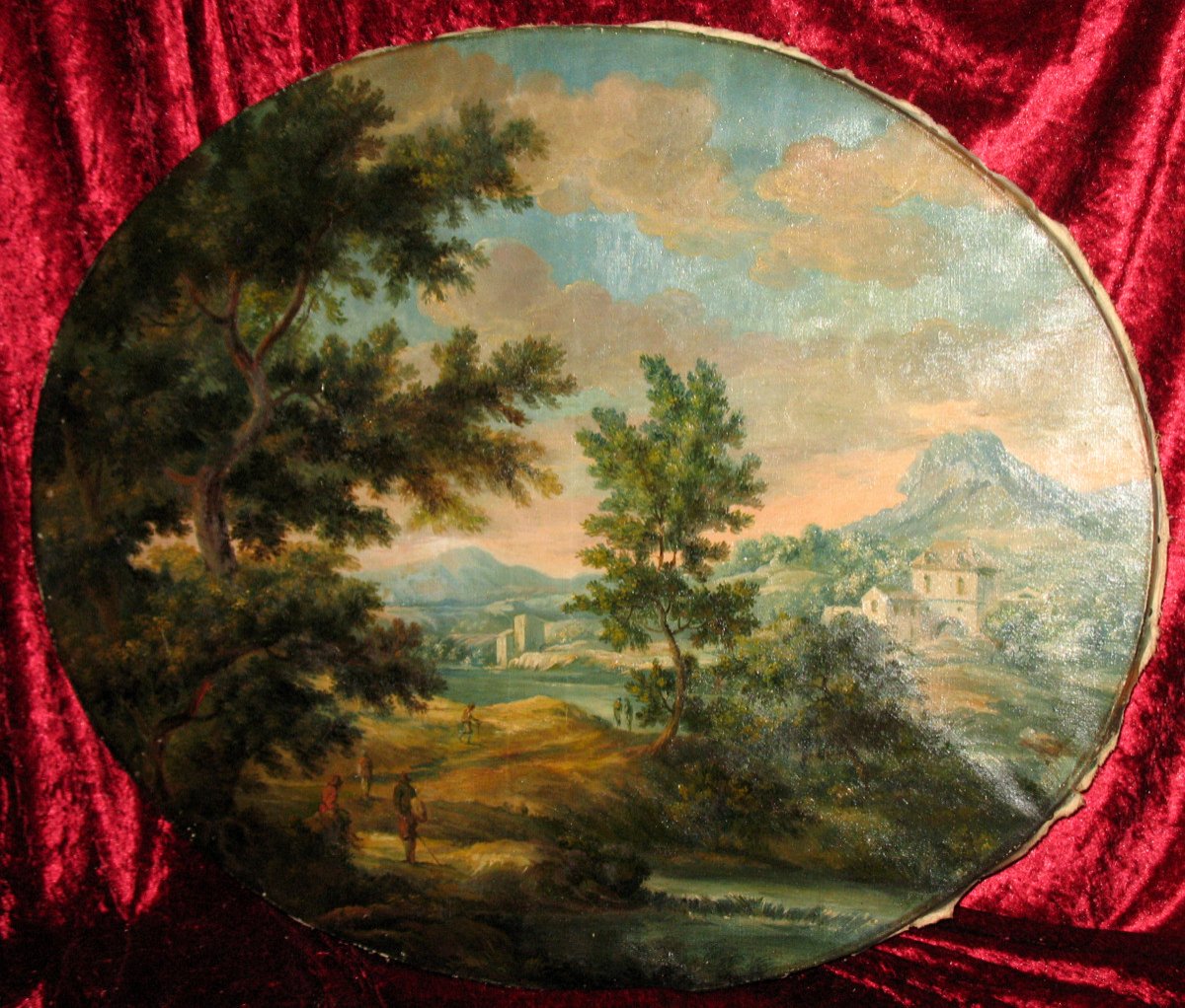 Animated Italian Landscape Oil On Canvas Oval Nineteenth