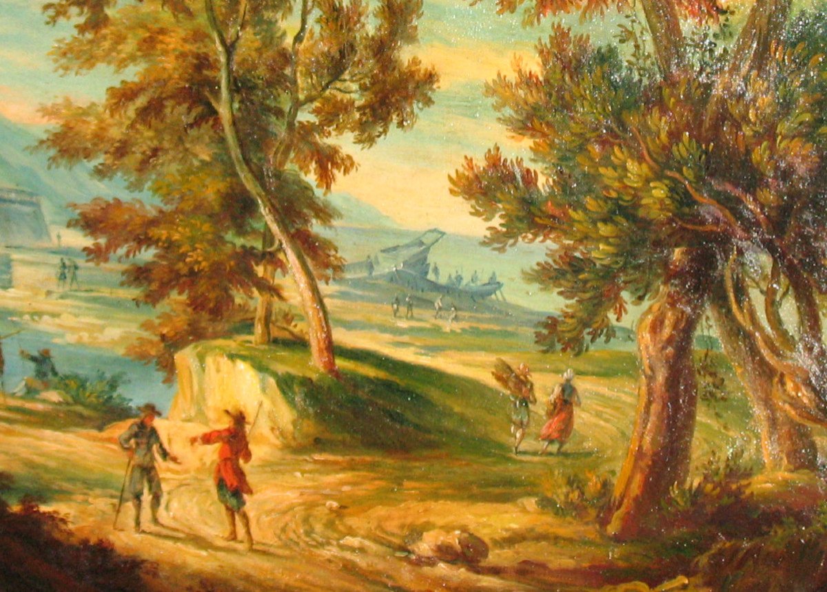 Paysage Italien animé huile sur toile ovale époque 19ème-photo-6