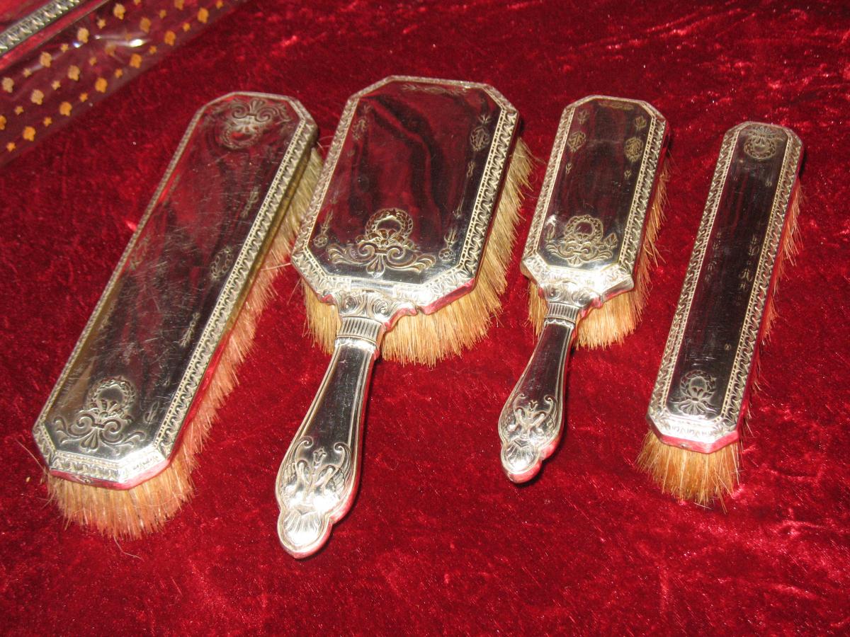 Nécessaire de toilette en cristal et métal argenté de chez Christofle époque 19ème 8 pièces-photo-4