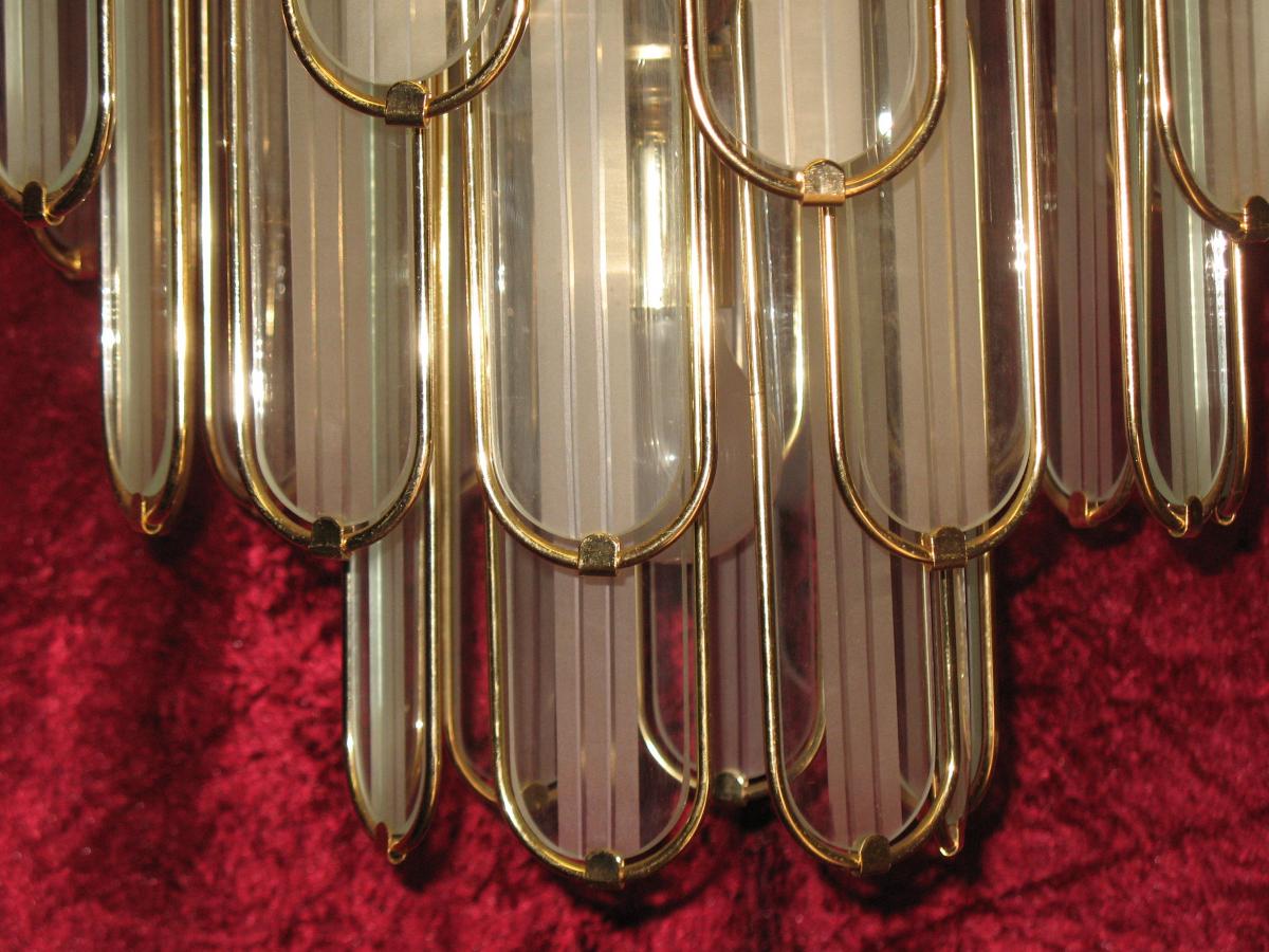 Lustre en verre et métal doré avec ses 6 appliques années 60-70-photo-5