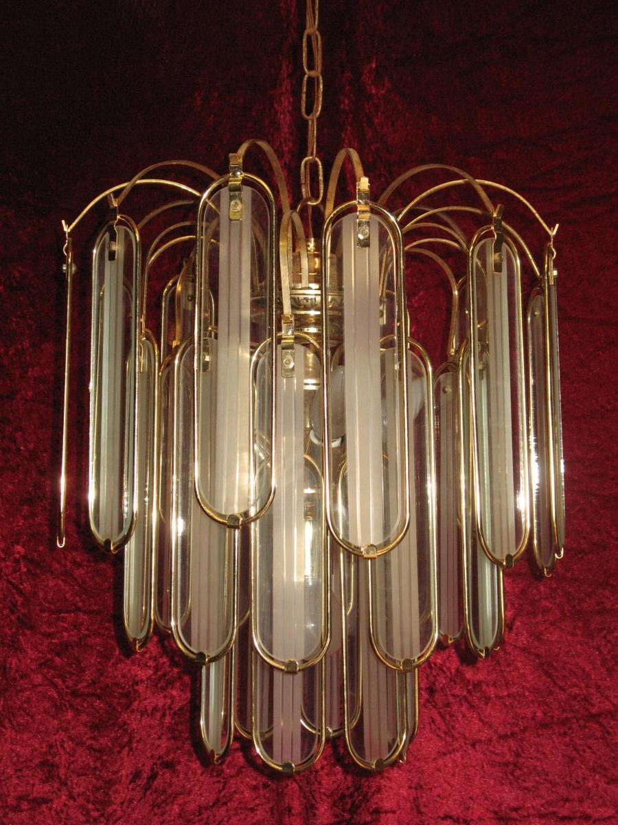 Lustre en verre et métal doré avec ses 6 appliques années 60-70-photo-6