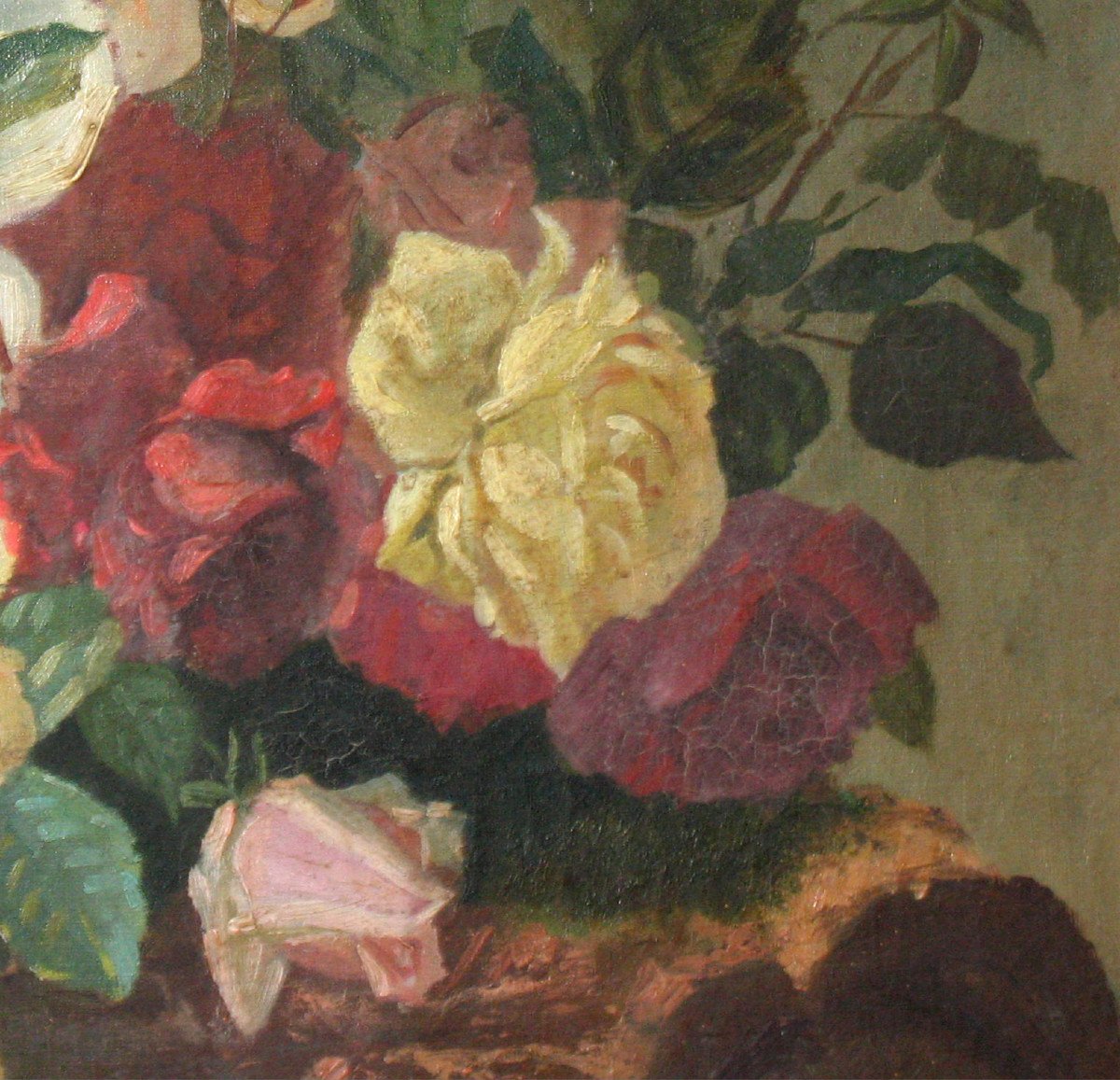 Grande huile sur toile avec bouquet de fleurs et fruits époque 19ème-photo-2