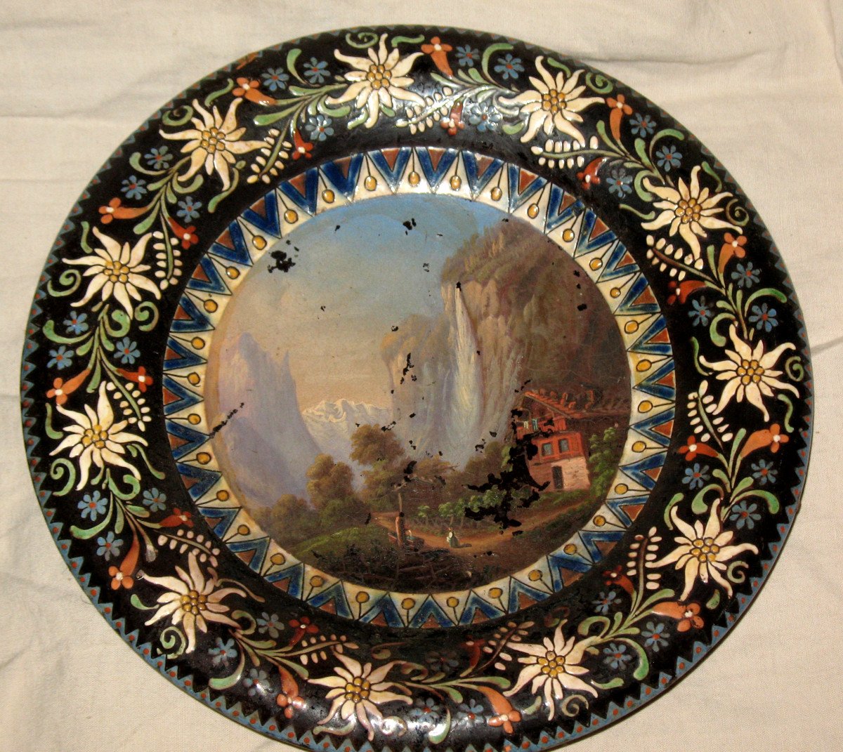 Paire de plats en grès émaillés de Thoune avec vues de Suisse époque 19ème-photo-3