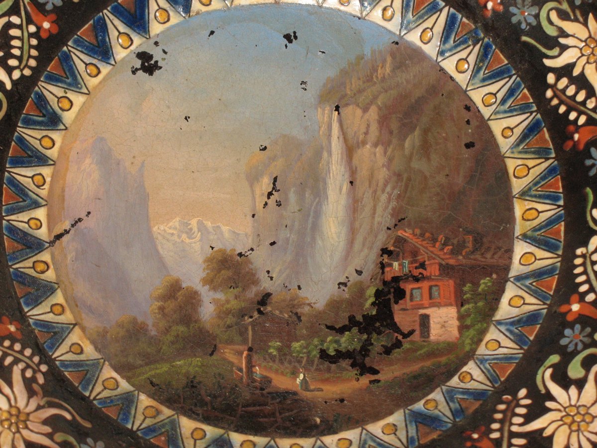 Paire de plats en grès émaillés de Thoune avec vues de Suisse époque 19ème-photo-1