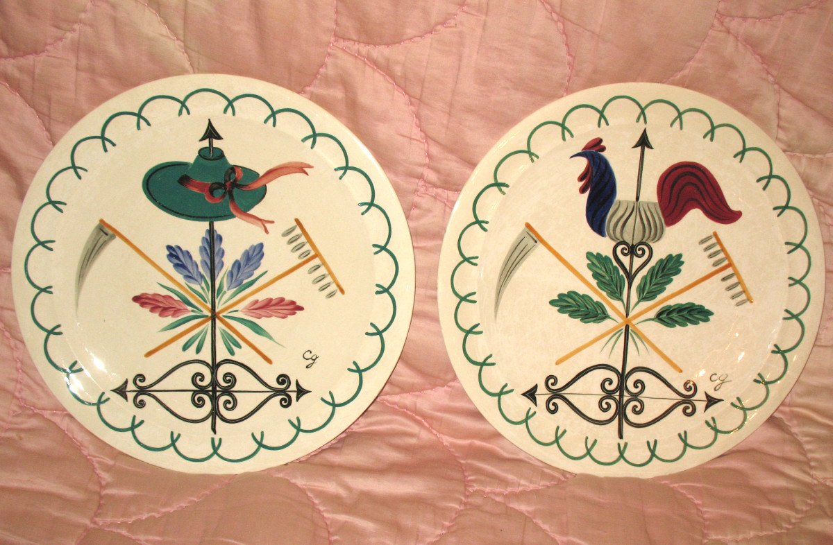 Paire de plats en faïence réalisés par  Colette Guéden  -  Service Trophées Agricola pour Primavera