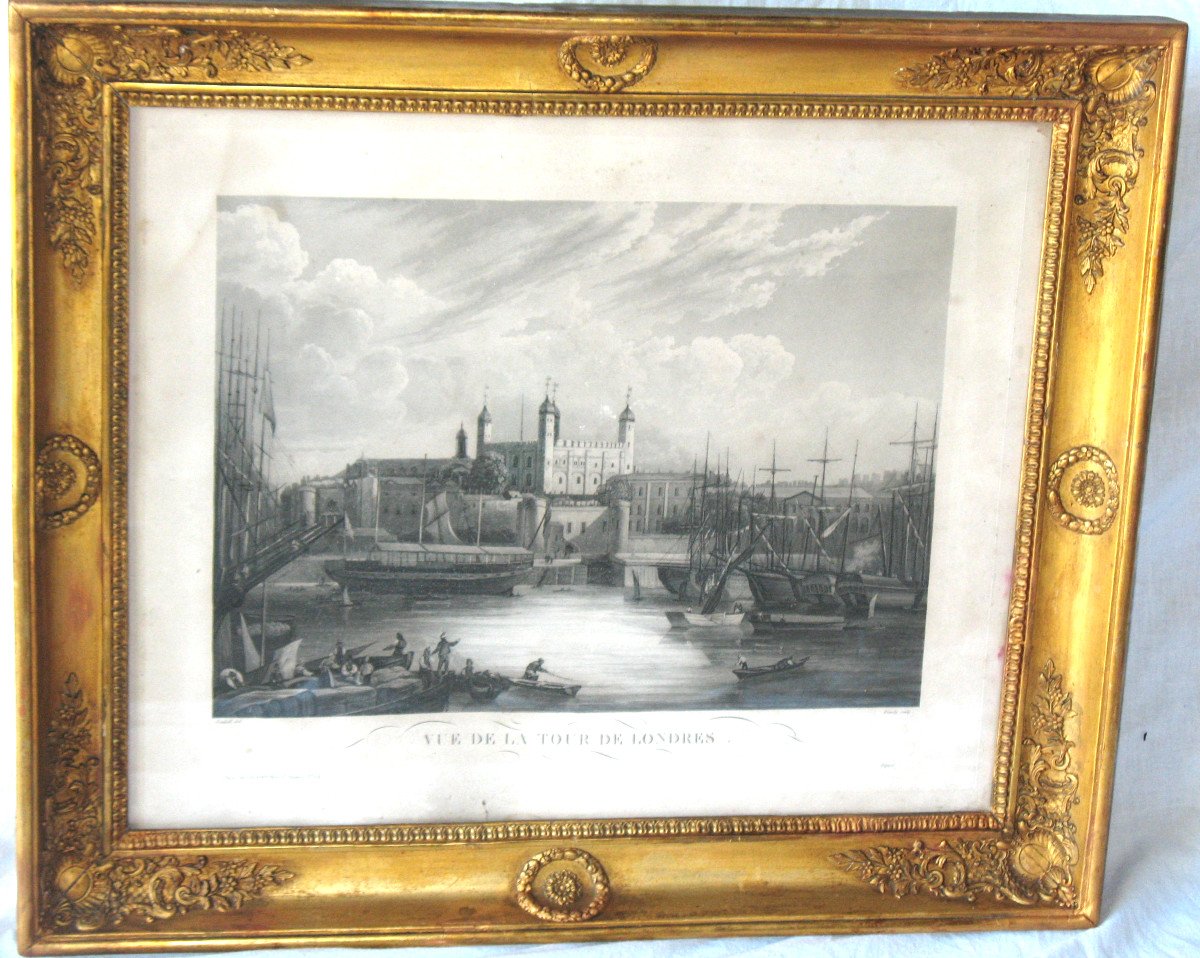 Golden Frame In The 19th Empire Style With Its Interior Engraving: View Of The Tower Of London-photo-2