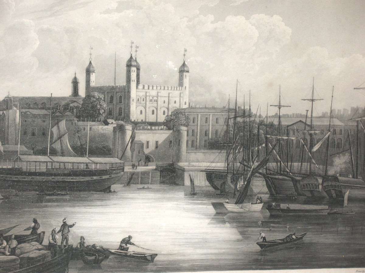 Golden Frame In The 19th Empire Style With Its Interior Engraving: View Of The Tower Of London-photo-3