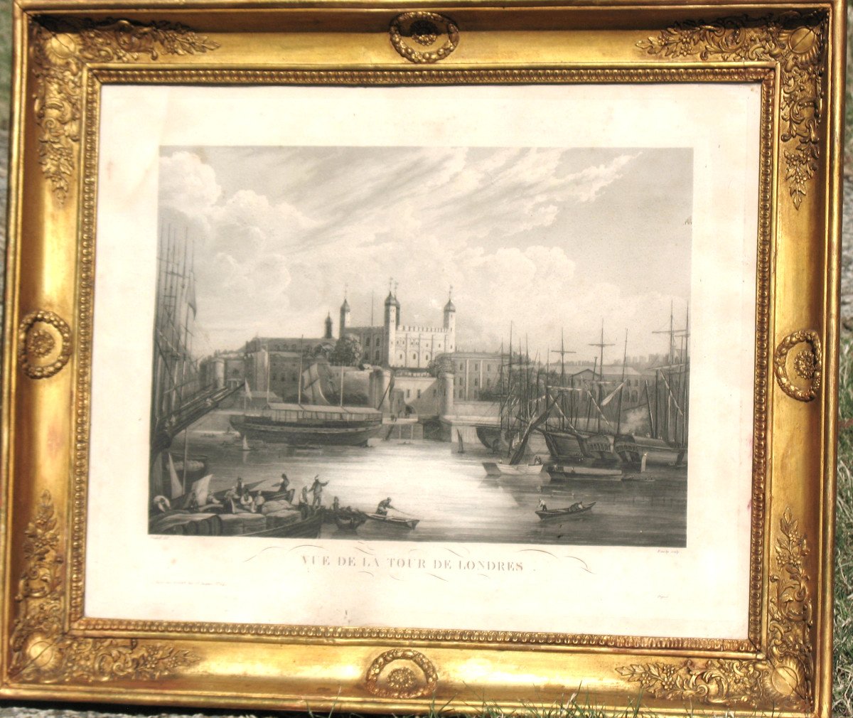 Golden Frame In The 19th Empire Style With Its Interior Engraving: View Of The Tower Of London