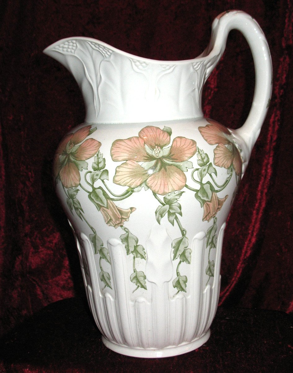 Service de toilette en faïence de Sarreguemines époque fin 19ème décor de fleurs de liseron-photo-2