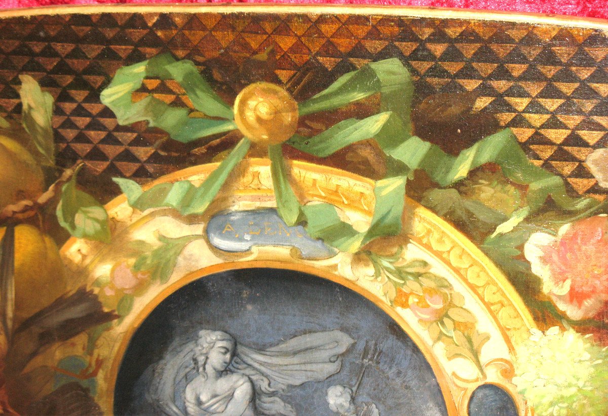 Grande huile sur toile époque 18ème avec médaillon central en grisaille et entourage avec fleurs et fruits-photo-4