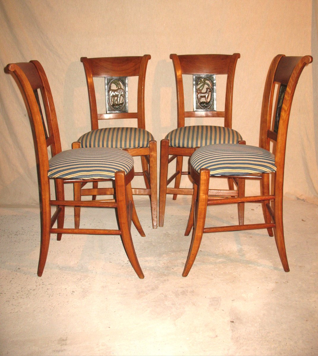 Suite Of 4 Directoire Chairs In Cherry Wood Decor With Animals From 4 Continents-photo-4